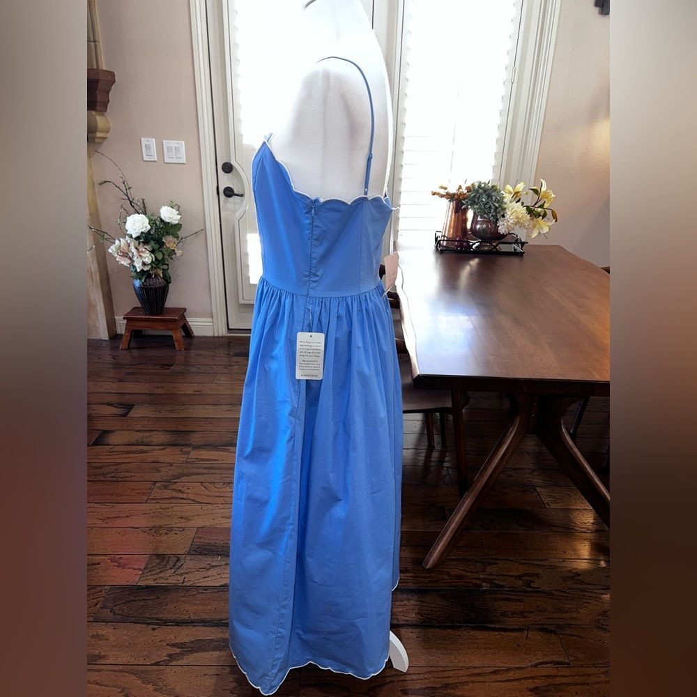 Charles Henry Blue Scallop Trim Poplin Midi Sundress Pockets Fit Flare L NWT - Picture 4 of 14